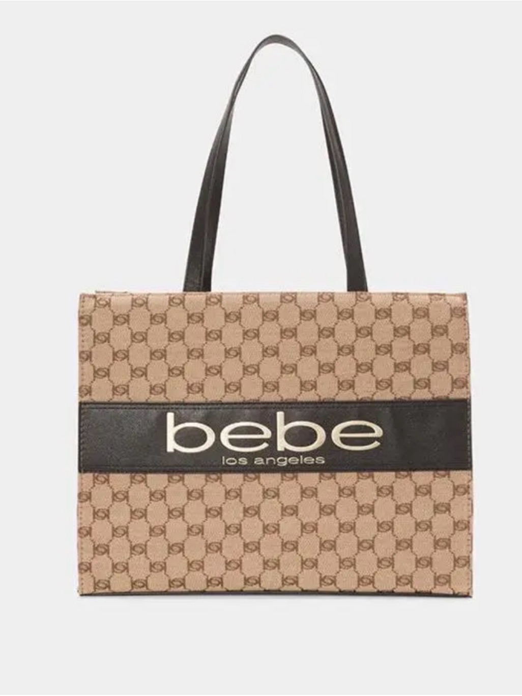 Bebe Los Angeles Monogram Logo Tote Bag Beige Black Large